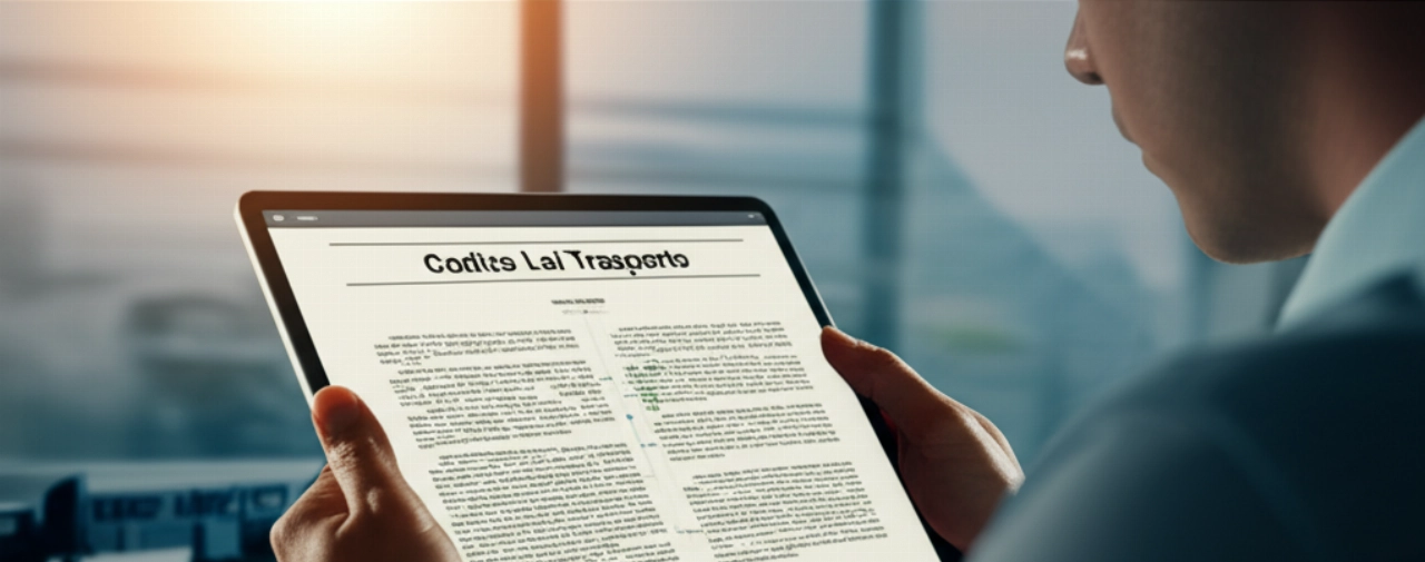 Un professionista caucasico esamina attentamente un documento legale intitolato 'Codice Lei Trasporto' su un tablet, in un moderno ufficio.