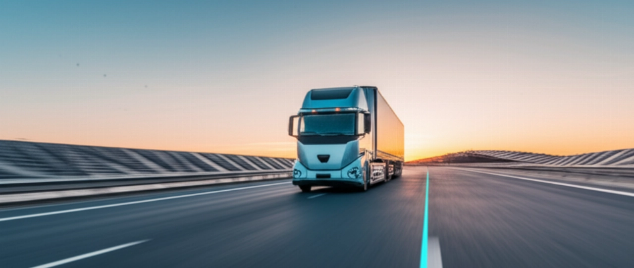 Un camion elettrico autonomo e moderno viaggia su un'autostrada futuristica all'alba, simboleggiando l'efficienza dei trasporti.