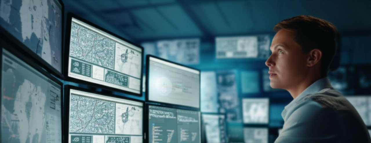 Un manager della logistica caucasico monitora i dati di trasporto e la conformità su schermi multipli in un centro di controllo high-tech.