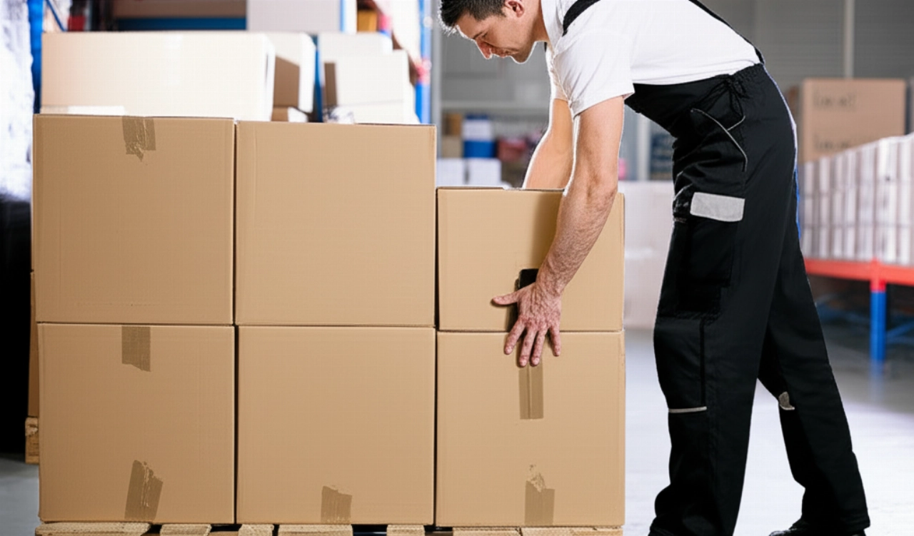 Un uomo caucasico impila con precisione le prime scatole di cartone su un pallet di legno in un magazzino ben illuminato.