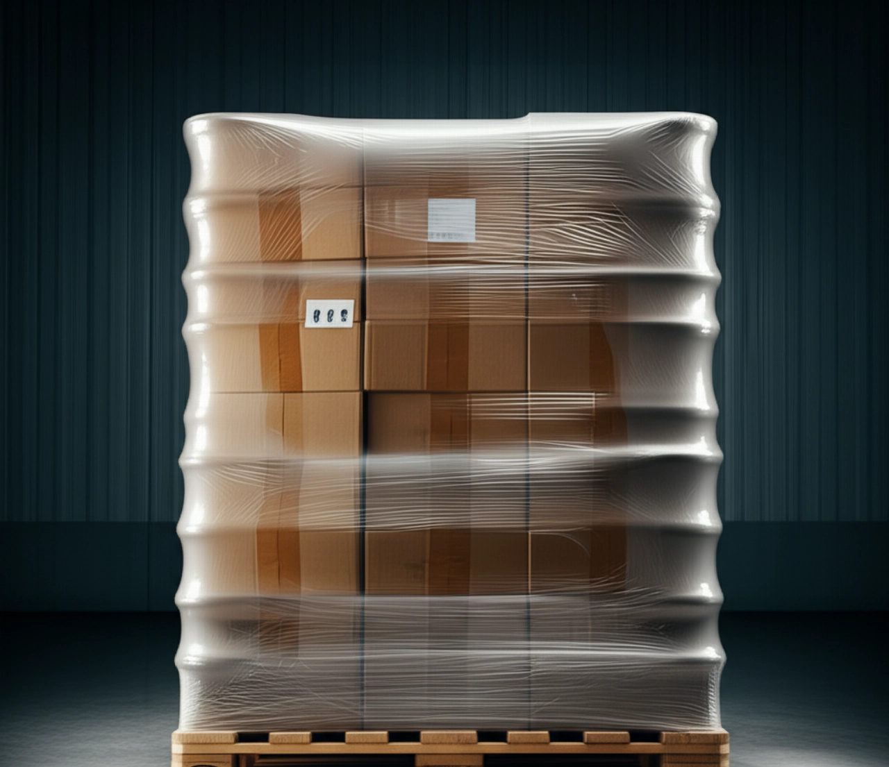 Un pallet di legno imballato in modo impeccabile e avvolto con pellicola termoretraibile, pronto per la spedizione in un magazzino moderno.