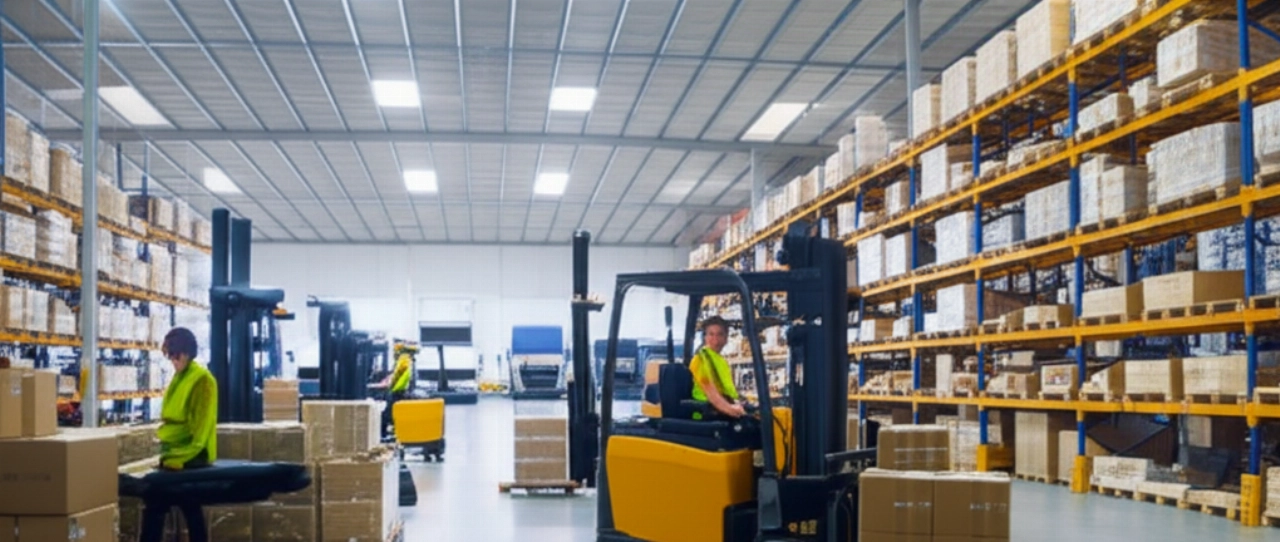 Un vasto e frenetico magazzino logistico con lavoratori caucasici che movimentano merci e camion ai moli di carico.