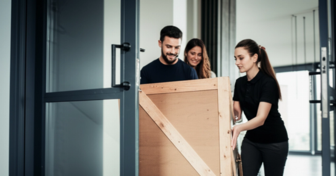 Una corriere caucasica consegna un oggetto ingombrante e imballato in una cassa di legno all'interno di una casa moderna, con una persona caucasica che osserva.