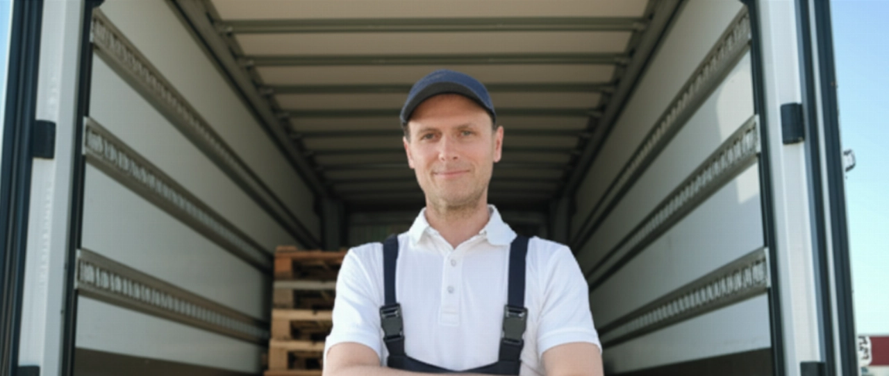 Un autista di consegne caucasico in piedi accanto al suo camion, con pallet visibili, che trasmette professionalità e affidabilità.