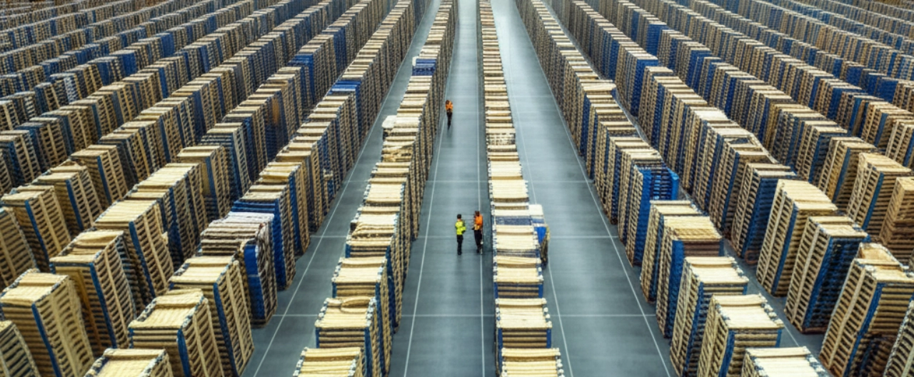 Vista aerea di un vasto magazzino automatizzato, impeccabilmente organizzato con migliaia di pallet, che mostra l'efficienza della logistica su larga scala.