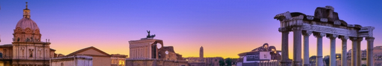 Vista panoramica e iperrealistica del Foro Romano al tramonto, con rovine dettagliate e figure caucasiche che osservano la scena.