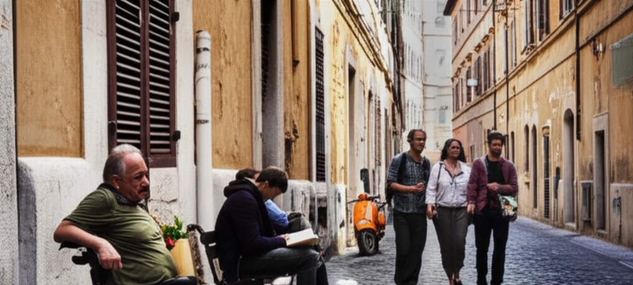 Scena di strada iperrealistica e vivace in un quartiere romano, con persone caucasiche impegnate in attività quotidiane e dettagli architettonici.