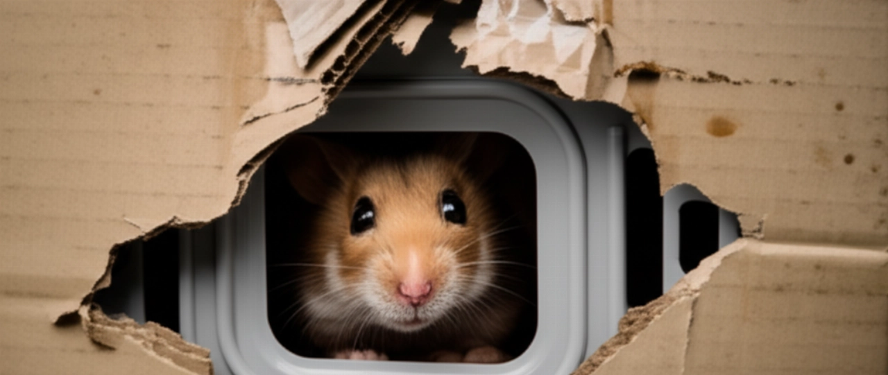 Primo piano iperrealistico di una scatola di spedizione danneggiata, con uno strappo che rivela una piccola gabbia con un animale domestico (uccello o criceto) all'interno, suggerendo la spedizione di animali vivi non consentita.