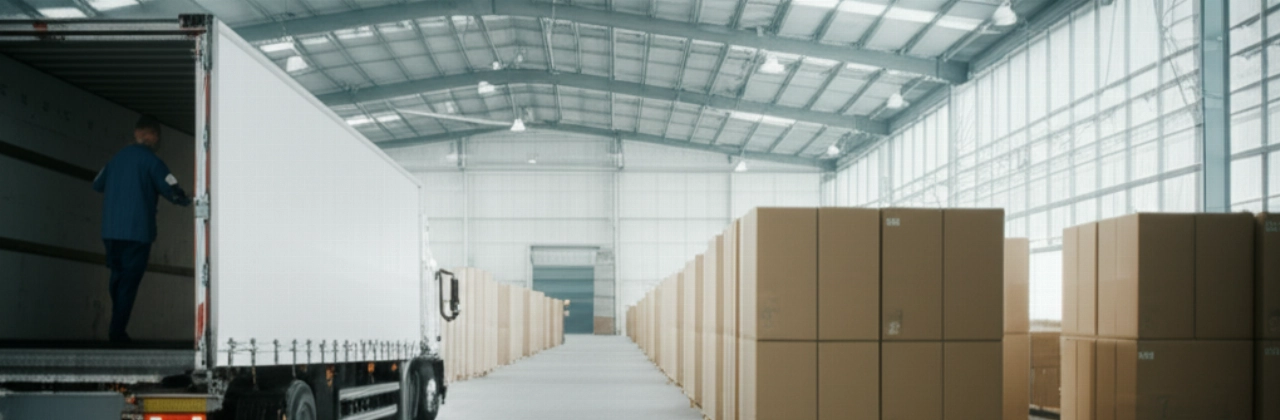 Interno iperrealistico di un grande centro logistico con pacchi e un camion di consegna, che rappresenta la scala e l'efficienza delle spedizioni in Germania.