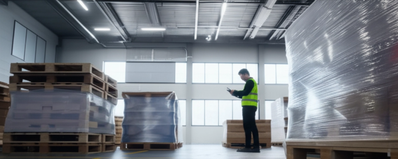 Un responsabile della logistica caucasico esamina la movimentazione di pallet in un magazzino moderno e ben illuminato, simboleggiando efficienza e gestione dei costi di spedizione.