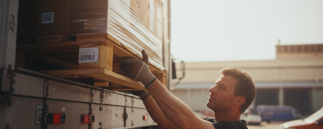 Un operaio caucasico assicura un pallet su un camion in un vivace molo di carico al tramonto, illustrando il processo fisico della spedizione e la cura nel trasporto.