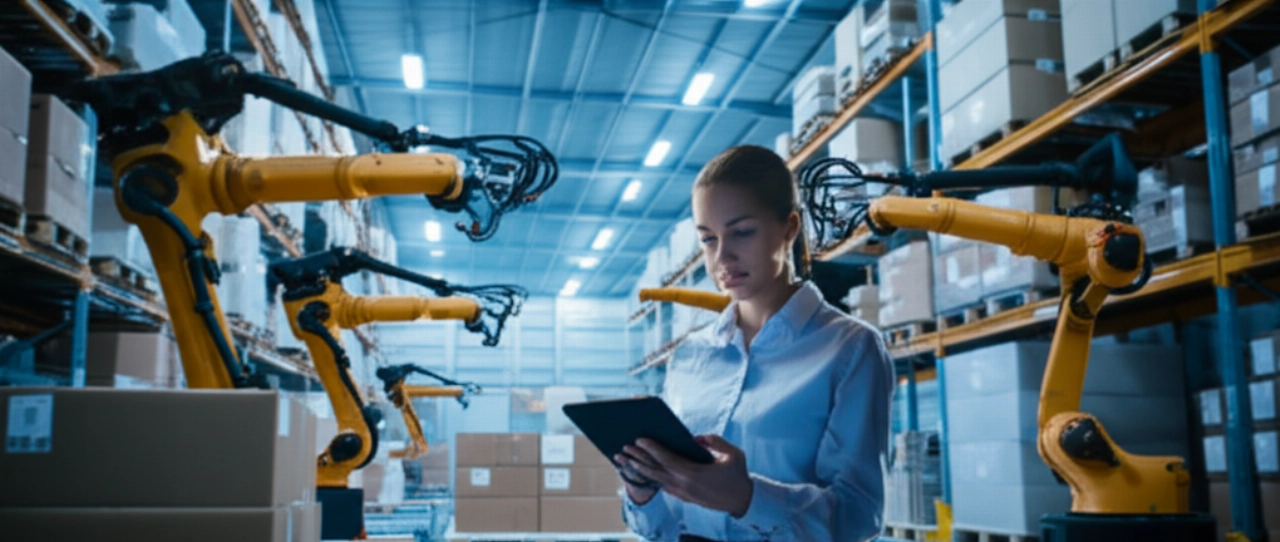 Interno di un magazzino automatizzato ad alta tecnologia, con robot che movimentano merci e una tecnica che osserva l'efficienza delle operazioni logistiche.