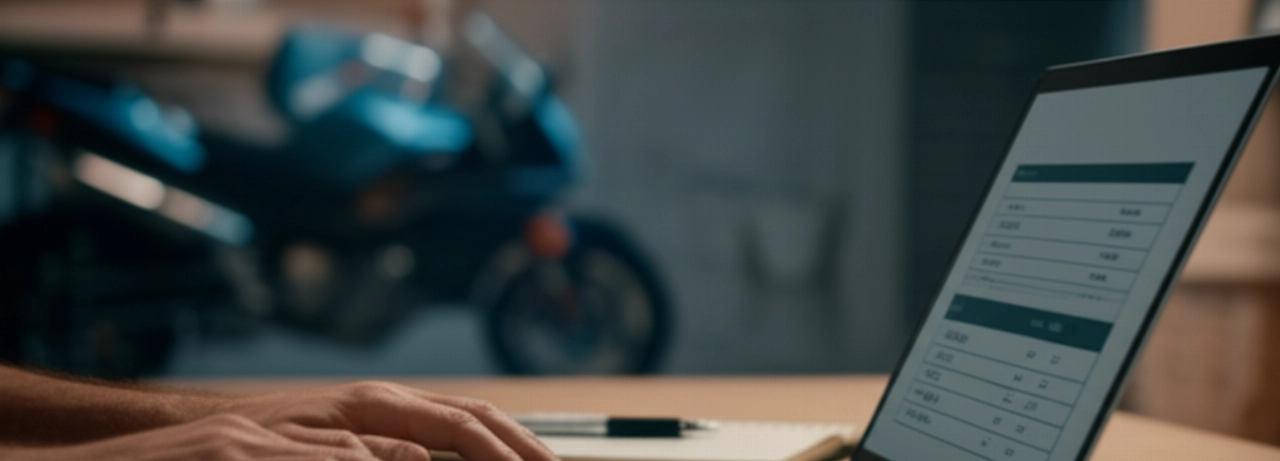 Primo piano sulle mani di un uomo caucasico che esamina una quotazione digitale per il trasporto moto su un laptop, con una moto sfocata sullo sfondo.