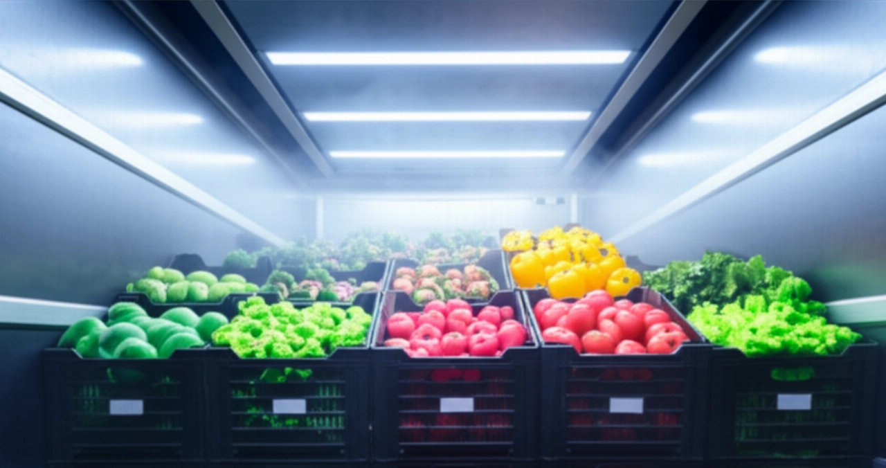 Hyperrealistischer Innenraum eines Kühltransportabteils, mit Kisten voller frischer Produkte oder pharmazeutischer Verpackungen, der die Qualitätserhaltung und Temperaturkontrolle hervorhebt.