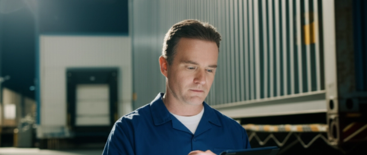 Ein kaukasischer Logistikexperte in Uniform, der Daten auf einem Tablet neben einem Kühlcontainer prüft, was Kompetenz und Kontrolle im temperaturgeführten Transport symbolisiert.