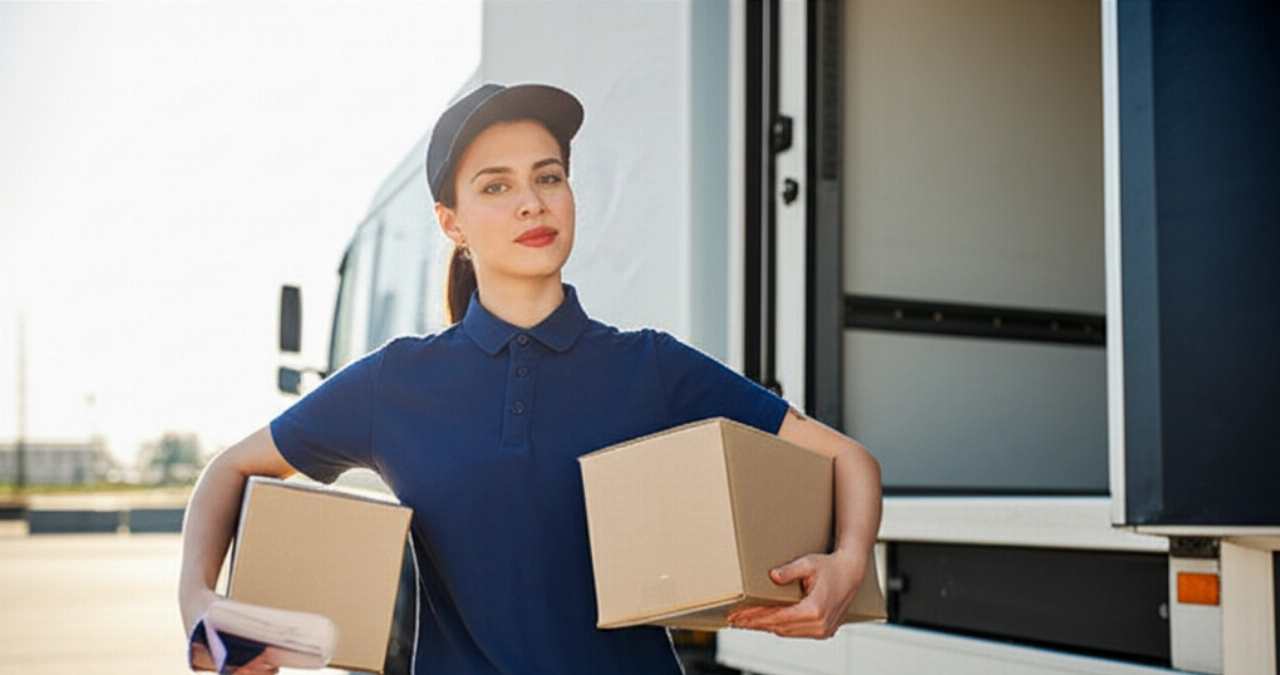 Immagine iperrealistica di una corriere caucasica in uniforme, con un Documento Di Trasporto (DDT) e un pacco, in piedi accanto a un camion di consegna su una banchina di carico.