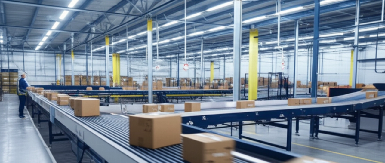Vista iperrealistica di un centro di smistamento logistico moderno con pacchi su nastri trasportatori e un'etichetta di spedizione ben visibile.