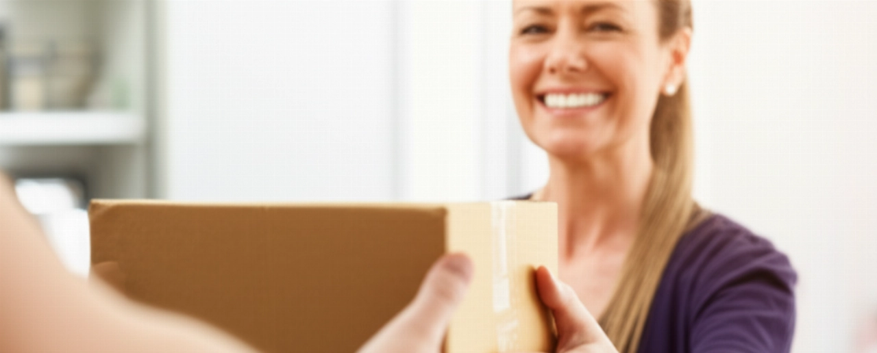 Primo piano iperrealistico delle mani di una donna caucasica sorridente che riceve un pacco, con un'espressione di soddisfazione e sollievo. La luce calda e naturale illumina la scena, catturando il momento autentico del ritiro.
