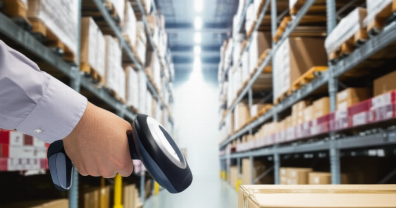 Una mano caucasica che scansiona un pacco in un moderno e organizzato centro logistico e-commerce.