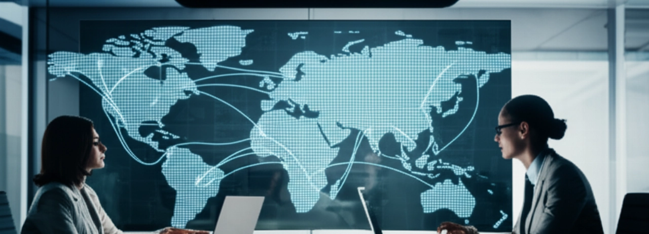 Professionisti caucasici in una sala riunioni high-tech che discutono strategie di importazione globale con una mappa mondiale interattiva sullo sfondo.