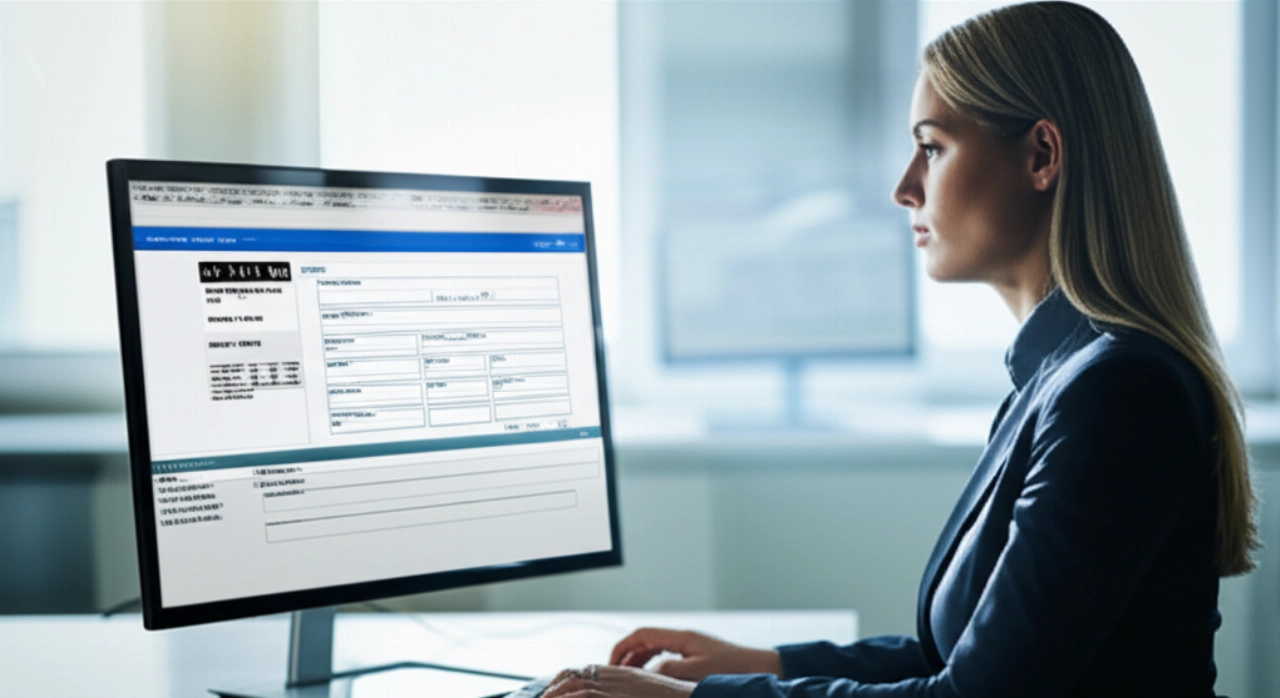 Donna caucasica che inserisce dati da una Lettera Di Vettura fisica in un sistema digitale su un monitor in un ufficio moderno.