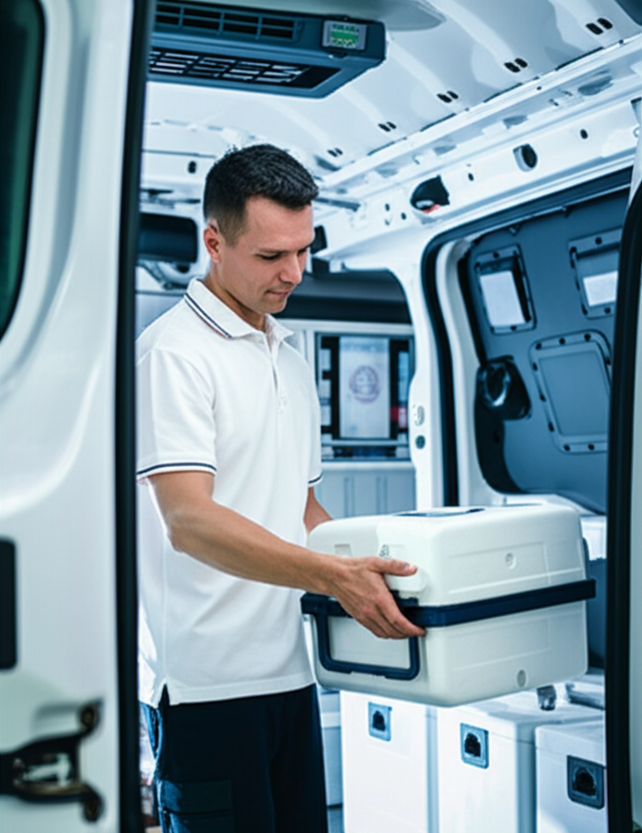 Professionista della logistica caucasico che carica con attenzione confezioni farmaceutiche in un furgone refrigerato per la consegna.
