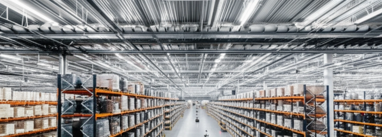 Ampia veduta iperrealistica di un vasto e impeccabile centro di distribuzione della moda, con infinite file di scaffali e sistemi di trasporto automatizzati che ne evidenziano la scala e l'efficienza.