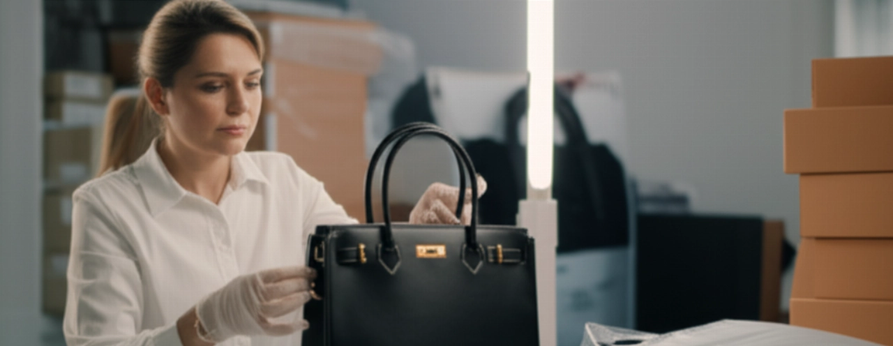Primo piano iperrealistico di una professionista caucasica che ispeziona meticolosamente una borsa di lusso su una postazione di controllo qualità in un'area di logistica della moda.