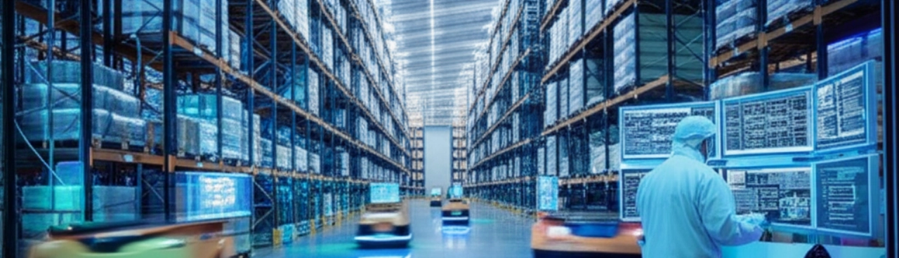 Innenansicht eines automatisierten Lagers in Sizilien mit fahrerlosen Transportsystemen und einem kaukasischen Techniker, der die Systeme überwacht.