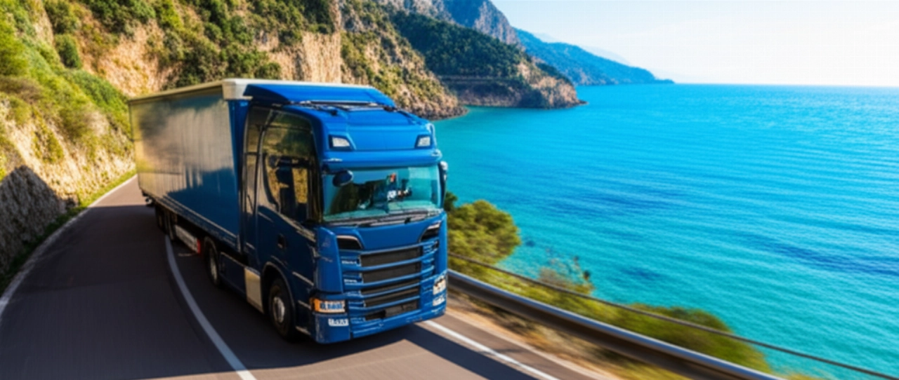 Ein markenloser Logistik-LKW fährt auf einer malerischen Küstenstraße in Sizilien, mit dem Mittelmeer im Hintergrund und einem kaukasischen Fahrer am Steuer.