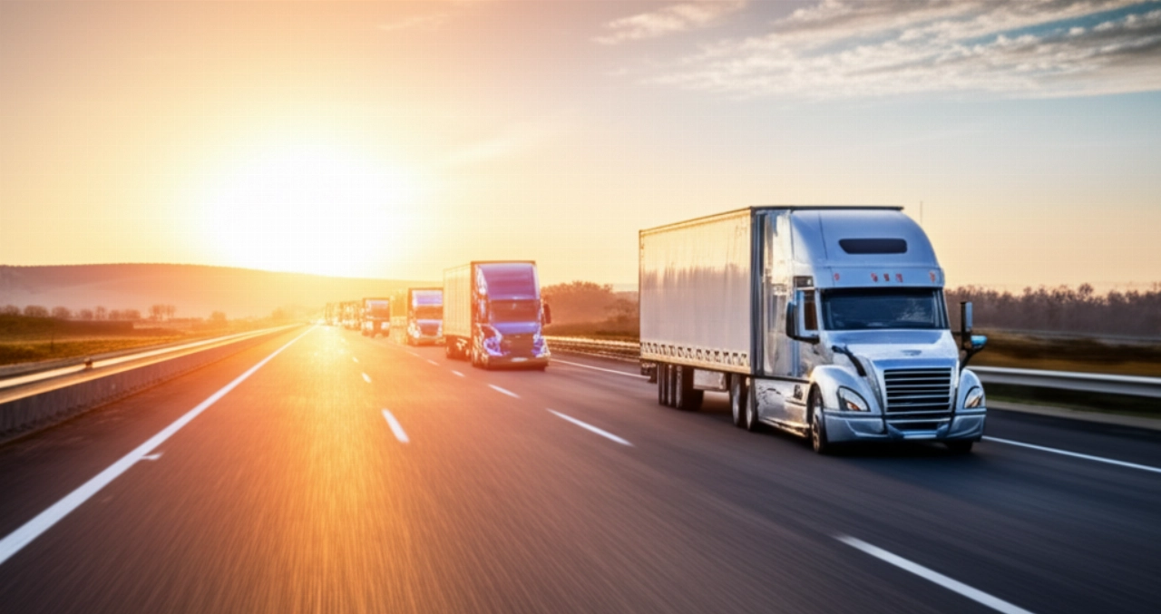 Un convoglio di camion moderni e aerodinamici viaggia in formazione perfetta su un'autostrada all'alba, simboleggiando l'efficienza e l'ottimizzazione dei trasporti.