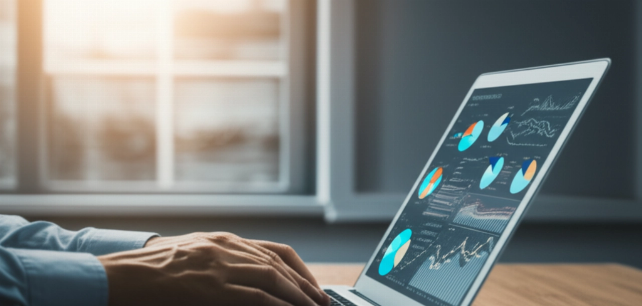 Mani di un professionista caucasico che digitano su un laptop, con un dashboard digitale che mostra grafici e dati sull'ottimizzazione dei costi di trasporto.