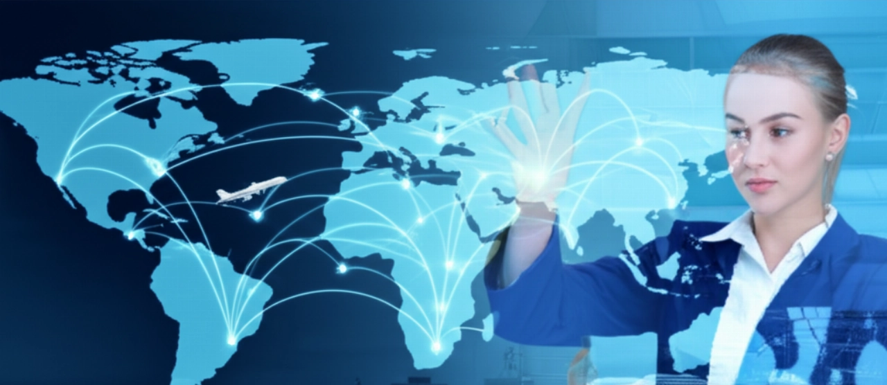 Una rappresentazione dinamica di una rete logistica globale con navi, aerei e camion interconnessi, osservata da una professionista caucasica che analizza dati di tracciamento, evocando connettività e portata mondiale nell'outsourcing logistico.