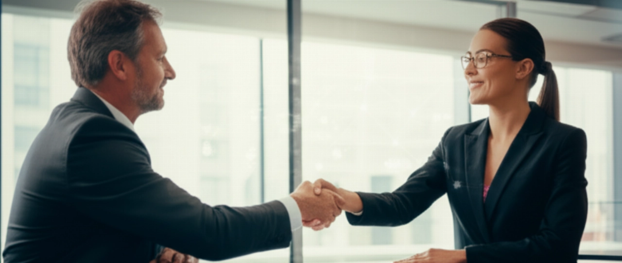 Due professionisti caucasici, un imprenditore e un'esperta di logistica, si stringono la mano in un ufficio moderno, simboleggiando fiducia, collaborazione e soluzioni personalizzate nell'outsourcing logistico.