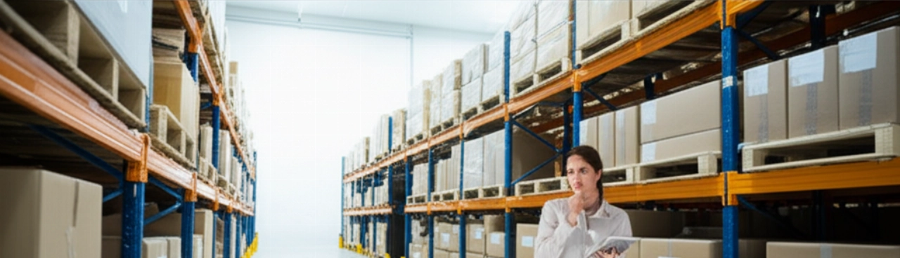 Un magazzino di logistica moderno e organizzato con pacchi di varie dimensioni, e una responsabile caucasica che osserva i dati e i pacchi, rappresentando l'importanza del peso volumetrico nella gestione dello spazio.