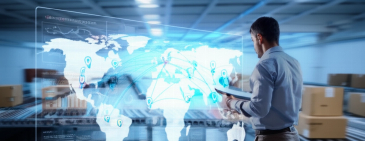 Un professionista caucasico in una sala di controllo che supervisiona rotte di spedizione globali su uno schermo, con pacchi in movimento sullo sfondo.