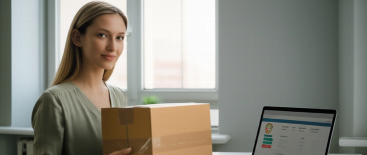 Una donna caucasica sorridente tiene in mano un pacco, seduta alla sua scrivania in un ufficio domestico luminoso, suggerendo un preventivo di spedizione online completato.
