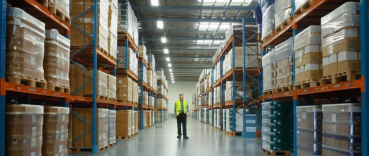 Ampio magazzino moderno e organizzato con pile di pallet e un responsabile logistico caucasico, simbolo di efficienza nella spedizione.