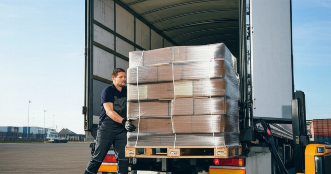 Pallet imballato che viene caricato su un camion da un operaio caucasico su una banchina di carico, illustrando il processo di spedizione sicuro.