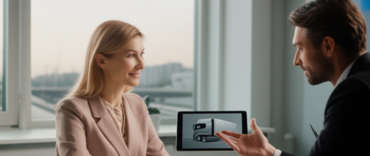 Une femme souriante consulte une tablette avec un professionnel, affichant une tranquillité d'esprit concernant le transport de sa voiture dans un environnement moderne.
