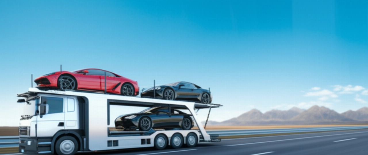 Un camion de transport de voitures moderne, avec deux voitures de sport de luxe à bord, parcourt une autoroute panoramique sous un ciel bleu, symbolisant un voyage sûr.