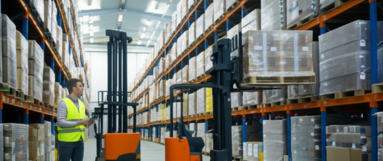 Interno di un magazzino logistico moderno e organizzato, con carrelli elevatori e un operatore caucasico che supervisiona le merci, a rappresentare l'efficienza del servizio.