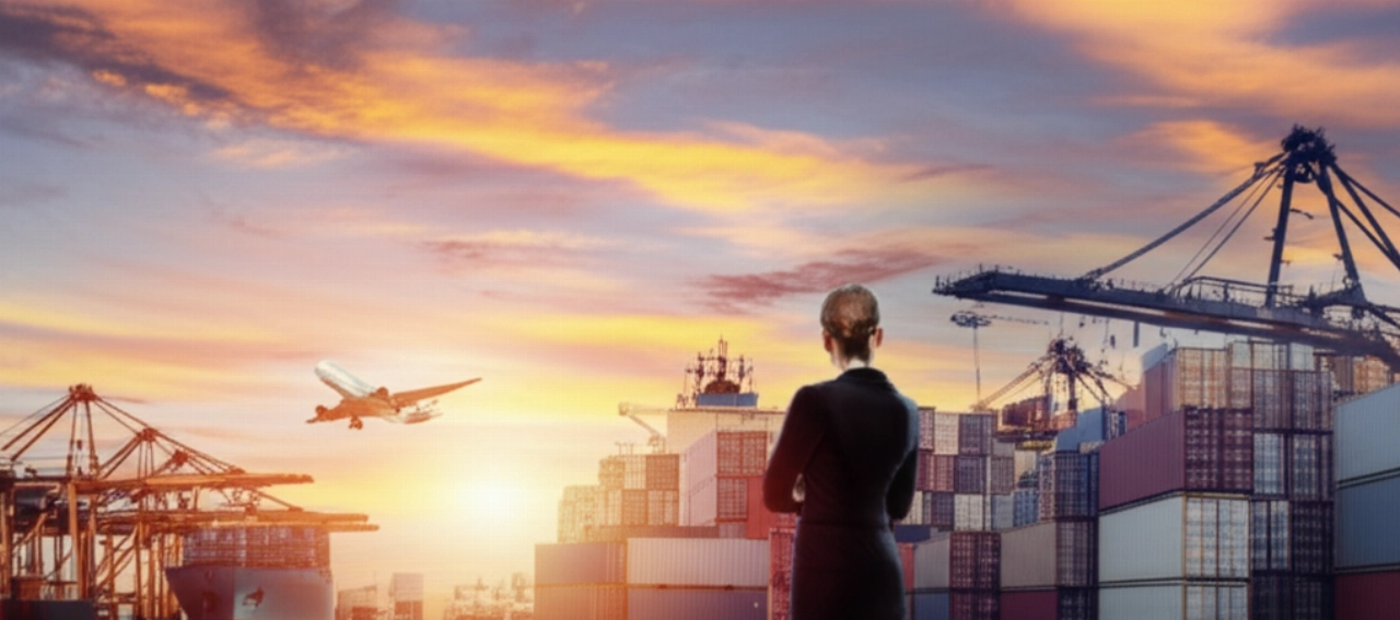 Un vasto terminal di carico portuale o aeroportuale al tramonto, con navi e container, e un professionista caucasico che osserva l'orizzonte, simboleggiando le opportunità di spedizione e commercio con gli Stati Uniti.