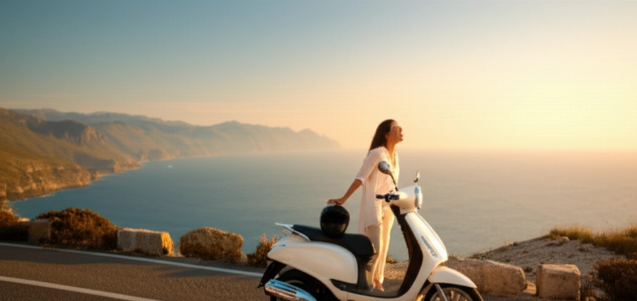 Una donna caucasica felice accanto al suo scooter appena arrivato su una strada costiera panoramica al tramonto.