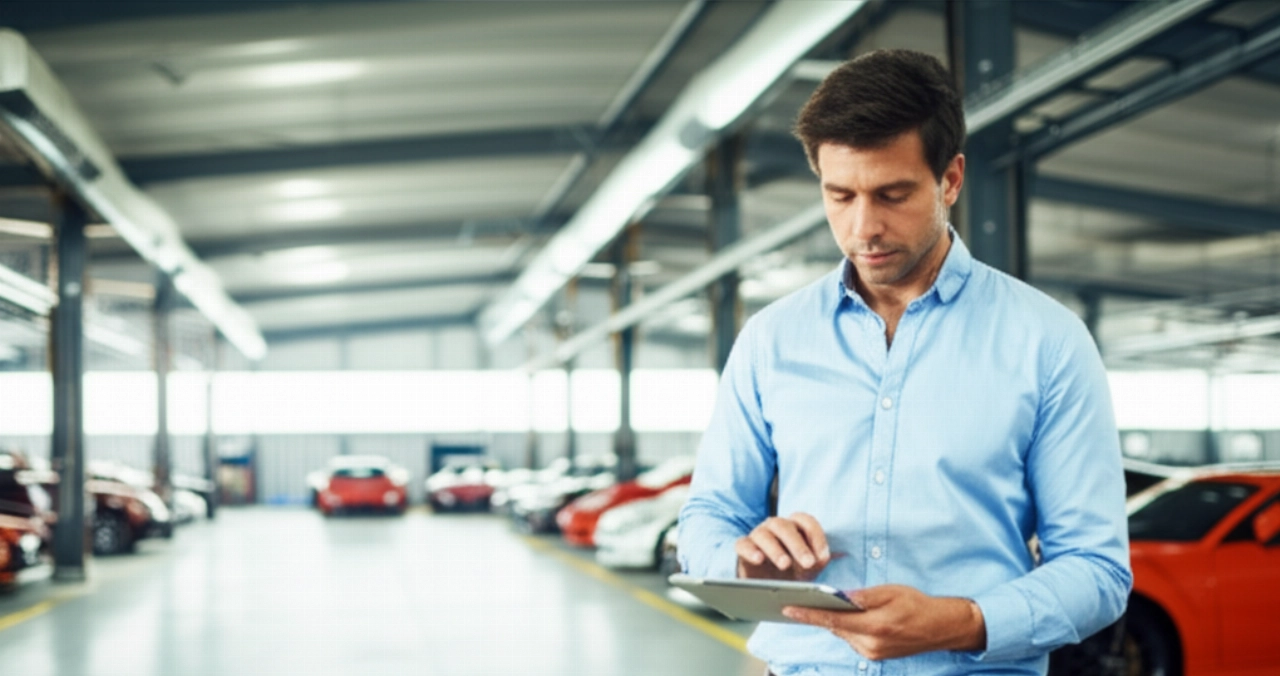 Un uomo caucasico esamina documenti su un tablet in un ampio magazzino di stoccaggio auto, simboleggiando la gestione logistica.