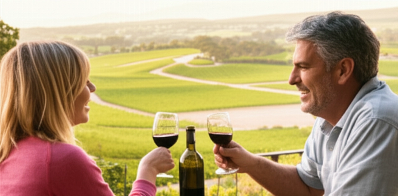 Coppia caucasica che brinda con vino su un patio con vista su un vigneto californiano al tramonto.