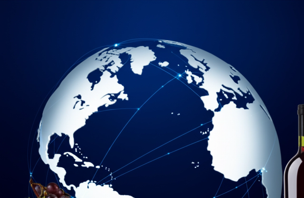 Rappresentazione stilizzata del globo con una rotta di spedizione che collega l'Europa e il Nord America, simboleggiando il trasporto di vino.