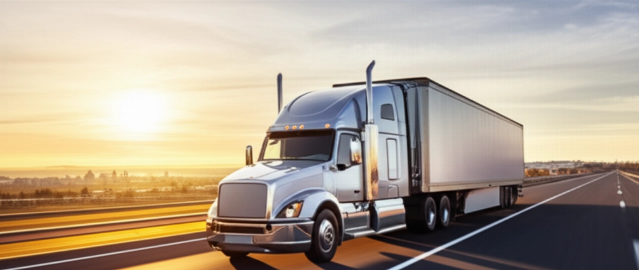 Un moderno camion LTL su un'autostrada all'alba, che simboleggia la consegna efficiente di merci consolidate attraverso una vasta rete.