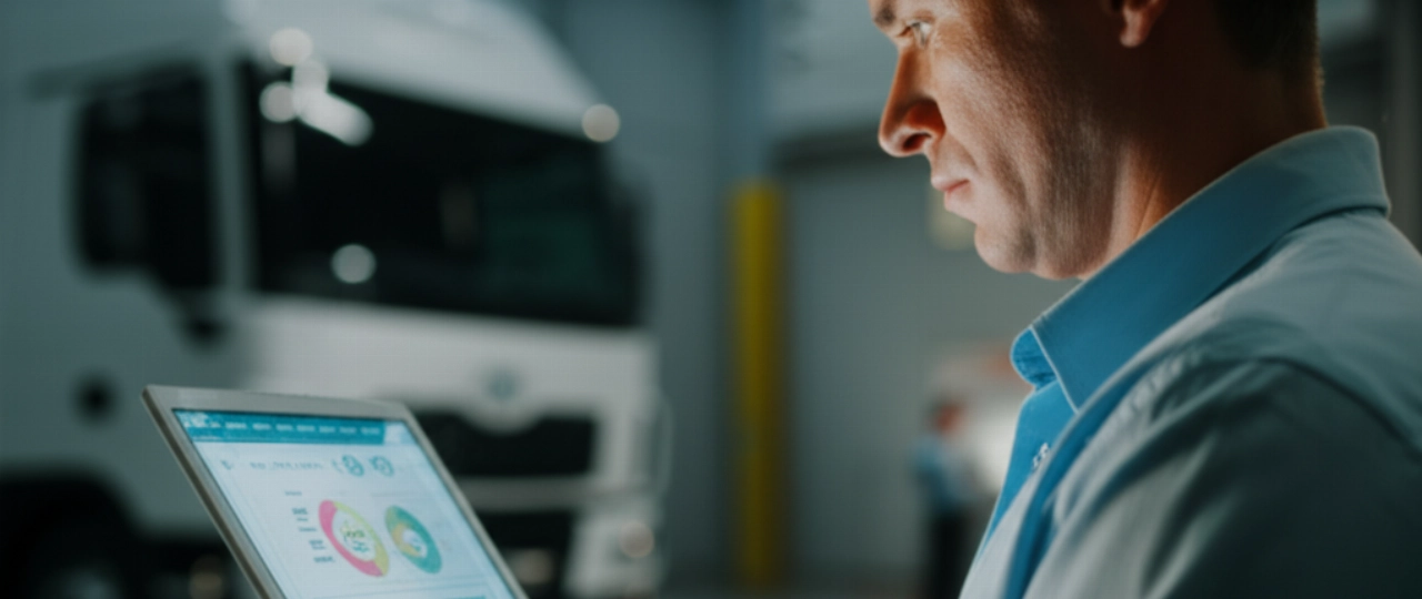 Un manager logistico caucasico esamina dati di spedizione LTL su un tablet, sullo sfondo un moderno centro di controllo che supervisiona le operazioni.