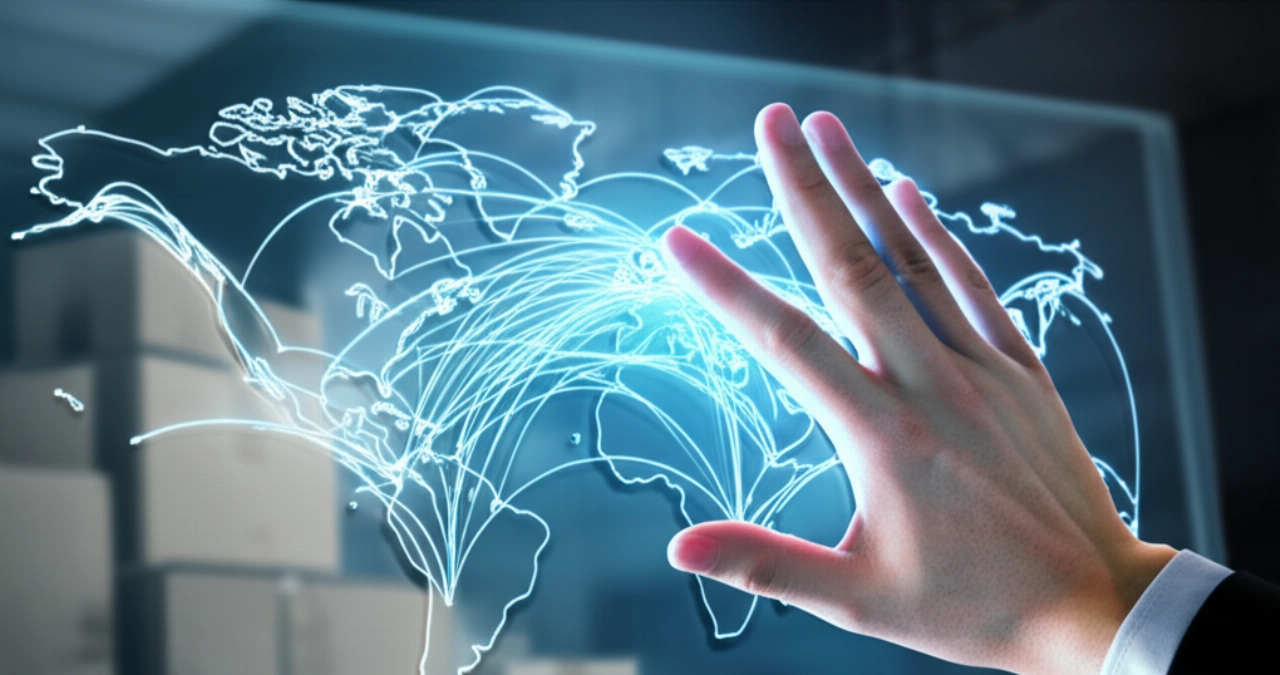 Mano caucasica su una mappa digitale del mondo che mostra le rotte di spedizione da Napoli, simboleggiando la connessione globale.